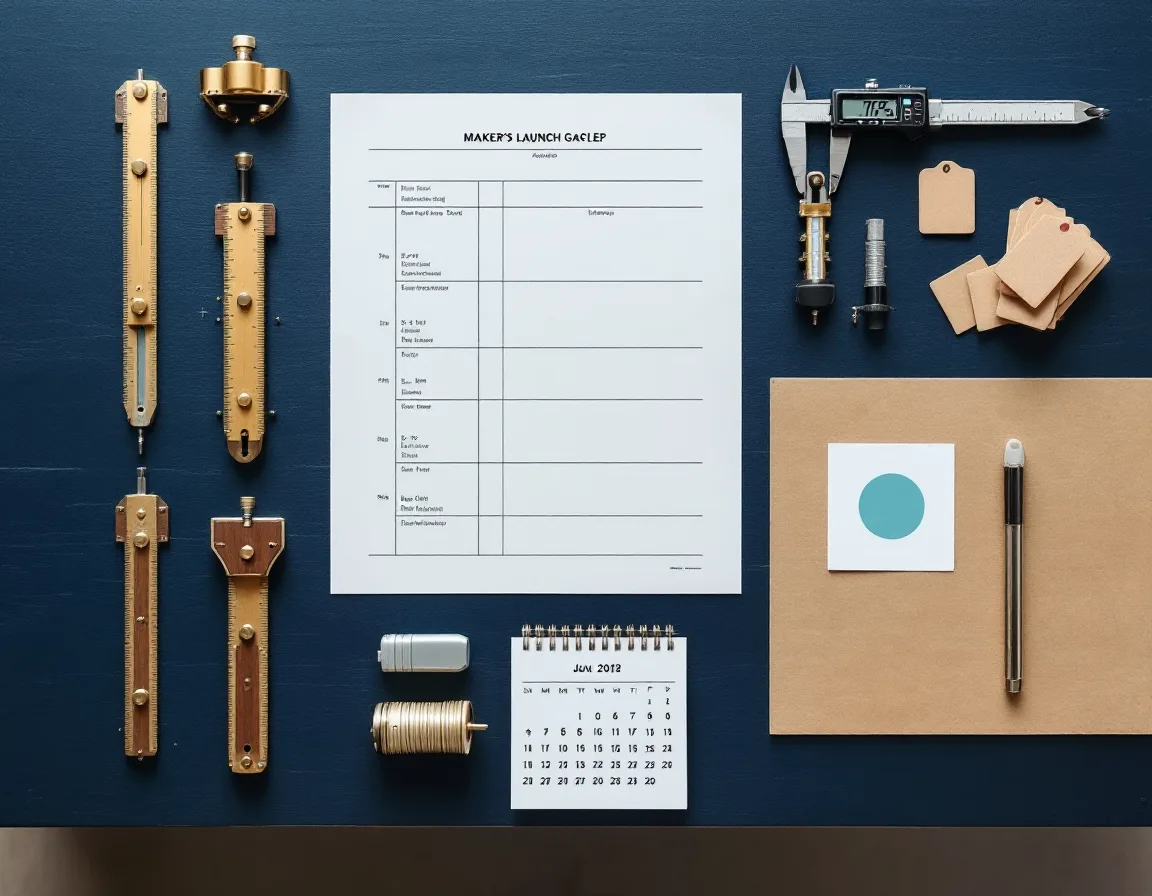Three marking gauges in a row beside calipers, a spec sheet and a calendar card with the embargo date circled