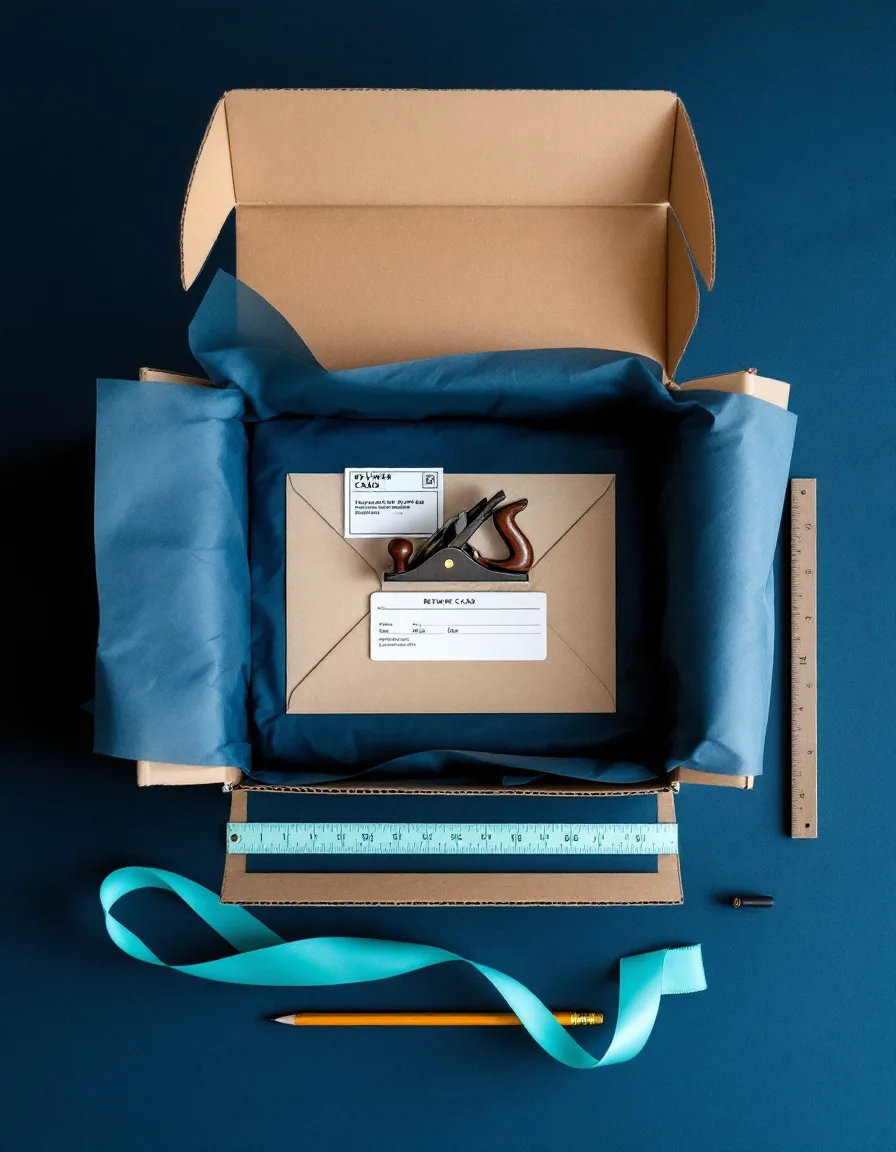 A sample box packed for a reviewer: block plane in navy tissue, a reviewer card in a sand envelope and a tracking label